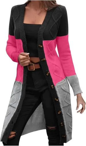 Cardigan for Women Color Block Cable Knit Sweater Loose Cable Knit Open Front Long Sweater Outerwear Jackets Coats