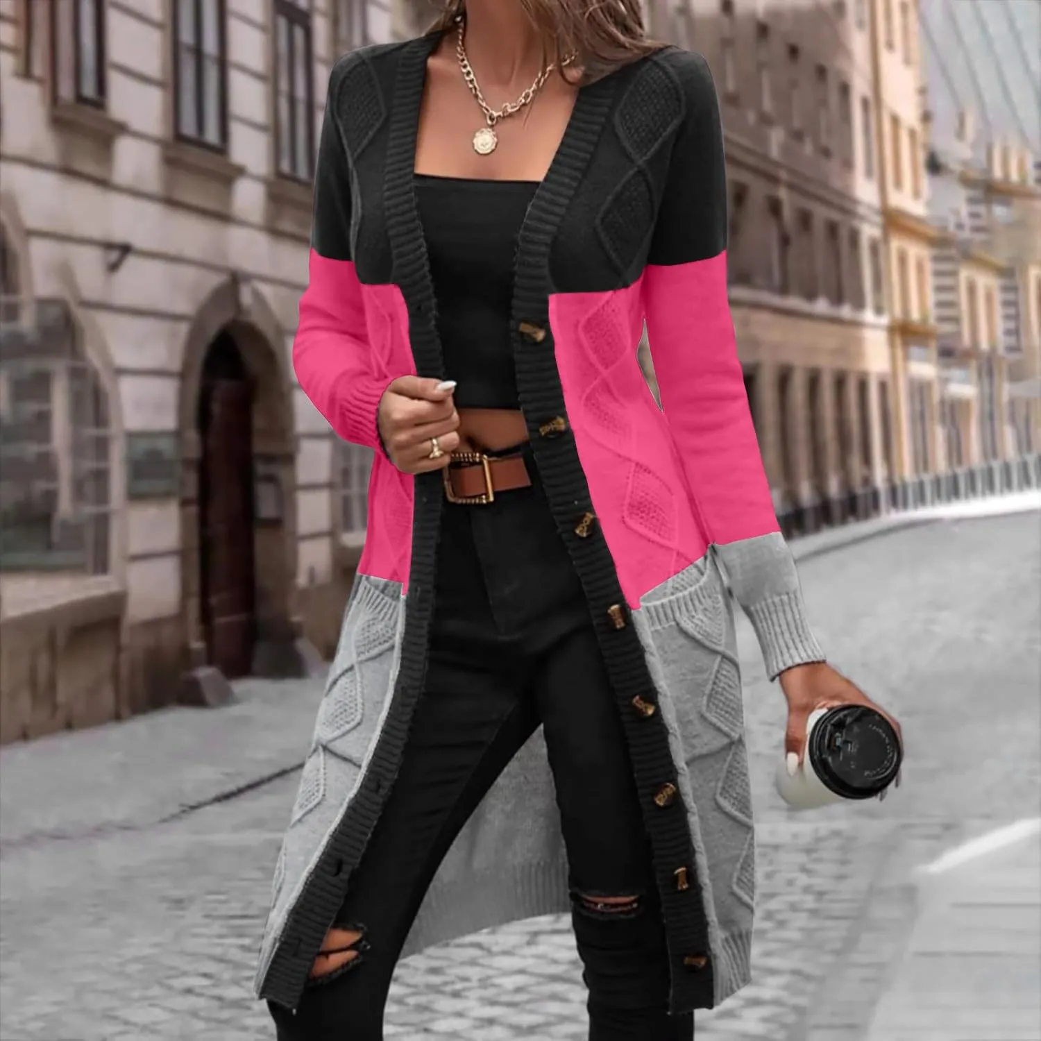 Cardigan for Women Color Block Cable Knit Sweater Loose Cable Knit Open Front Long Sweater Outerwear Jackets Coats