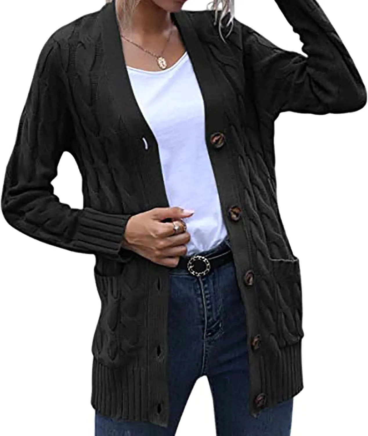 Cardigan for Women Sweaters Chunky Plus Size Long Sleeve Open Front Tops Cable Knit Coat with Pockets Button Outerwear