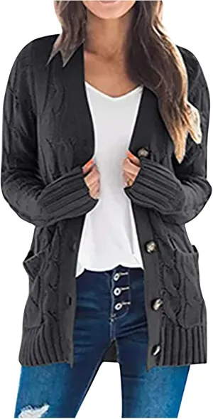 Cardigan for Women Sweaters Chunky Plus Size Long Sleeve Open Front Tops Cable Knit Coat with Pockets Button Outerwear