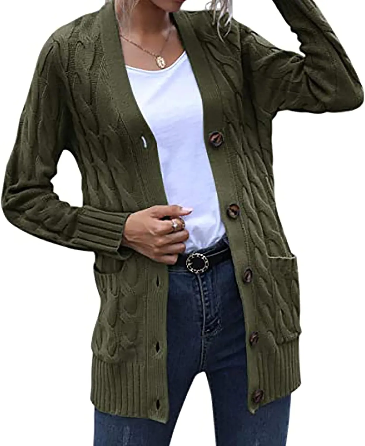 Cardigan for Women Sweaters Chunky Plus Size Long Sleeve Open Front Tops Cable Knit Coat with Pockets Button Outerwear