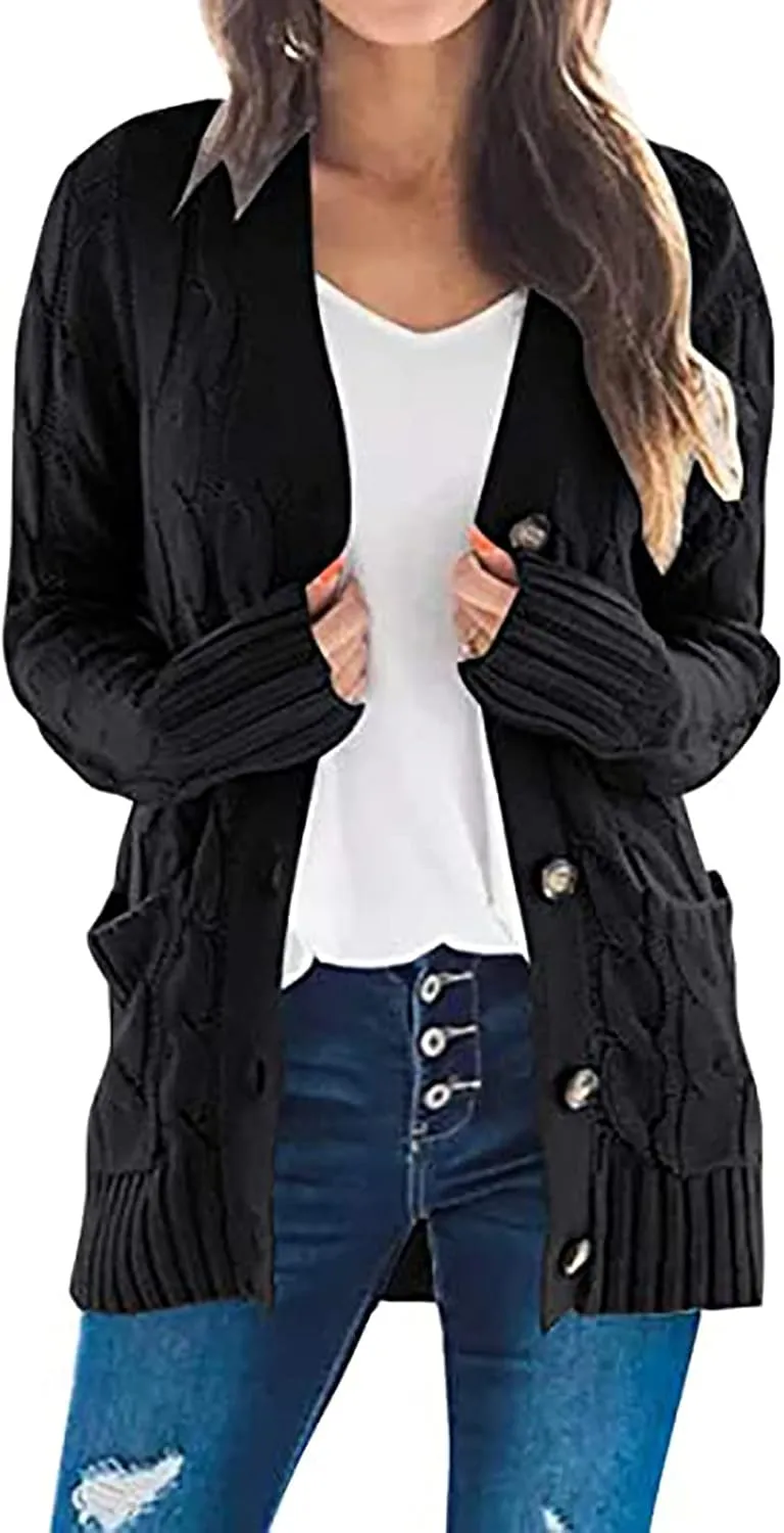 Cardigan for Women Sweaters Chunky Plus Size Long Sleeve Open Front Tops Cable Knit Coat with Pockets Button Outerwear