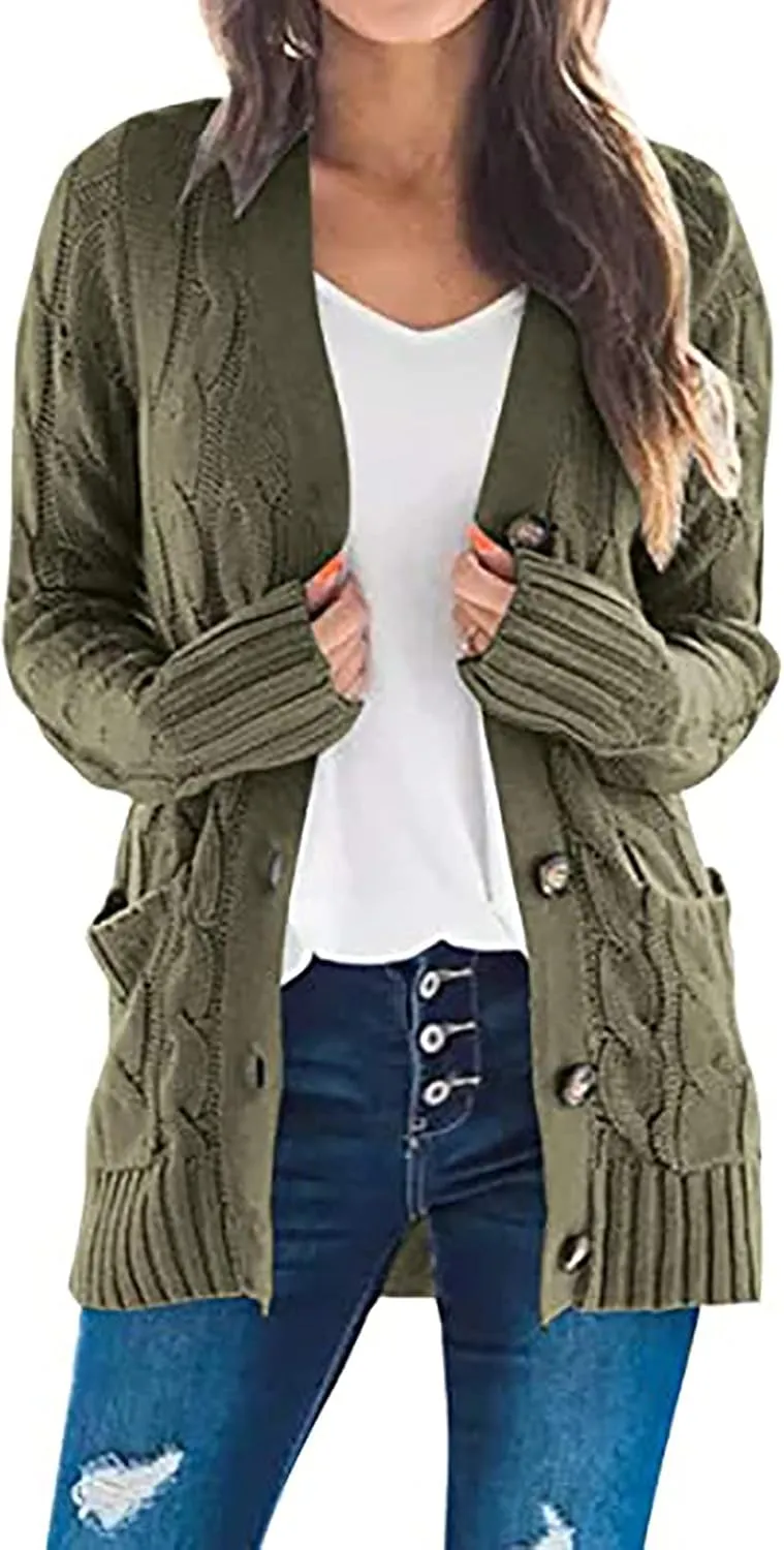 Cardigan for Women Sweaters Chunky Plus Size Long Sleeve Open Front Tops Cable Knit Coat with Pockets Button Outerwear