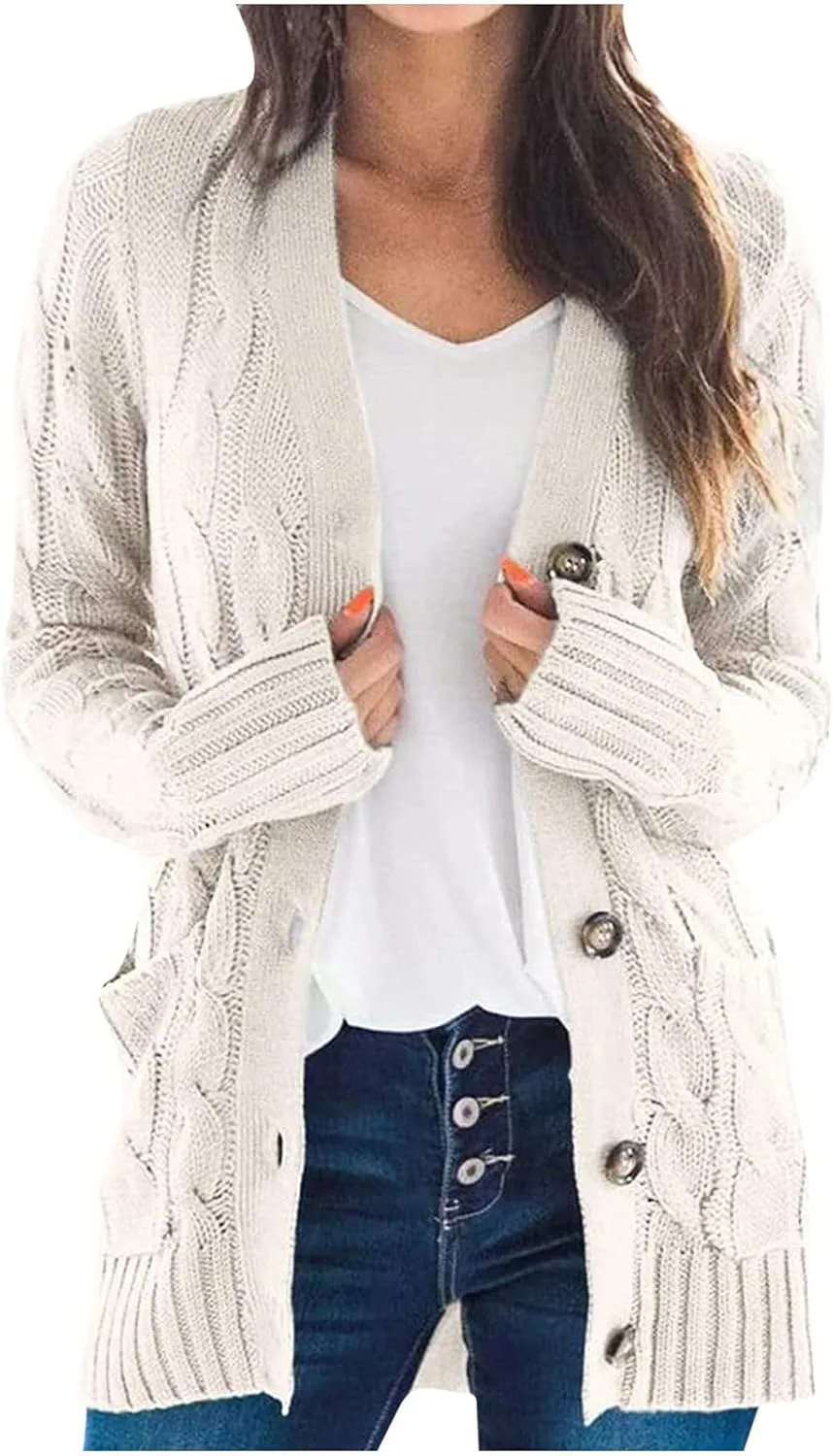 Cardigan for Women Sweaters Chunky Plus Size Long Sleeve Open Front Tops Cable Knit Coat with Pockets Button Outerwear