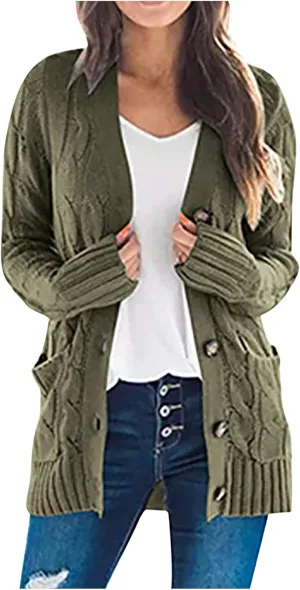 Cardigan for Women Sweaters Chunky Plus Size Long Sleeve Open Front Tops Cable Knit Coat with Pockets Button Outerwear