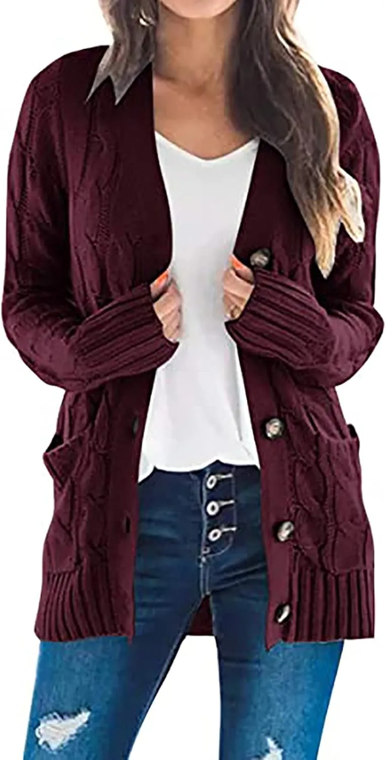 Cardigan for Women Sweaters Chunky Plus Size Long Sleeve Open Front Tops Cable Knit Coat with Pockets Button Outerwear