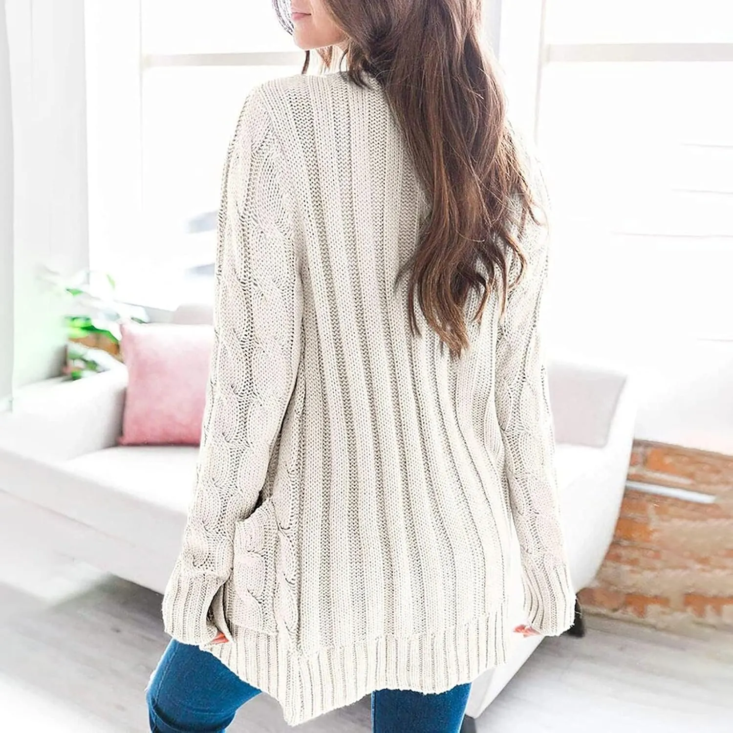 Cardigan for Women Sweaters Chunky Plus Size Long Sleeve Open Front Tops Cable Knit Coat with Pockets Button Outerwear