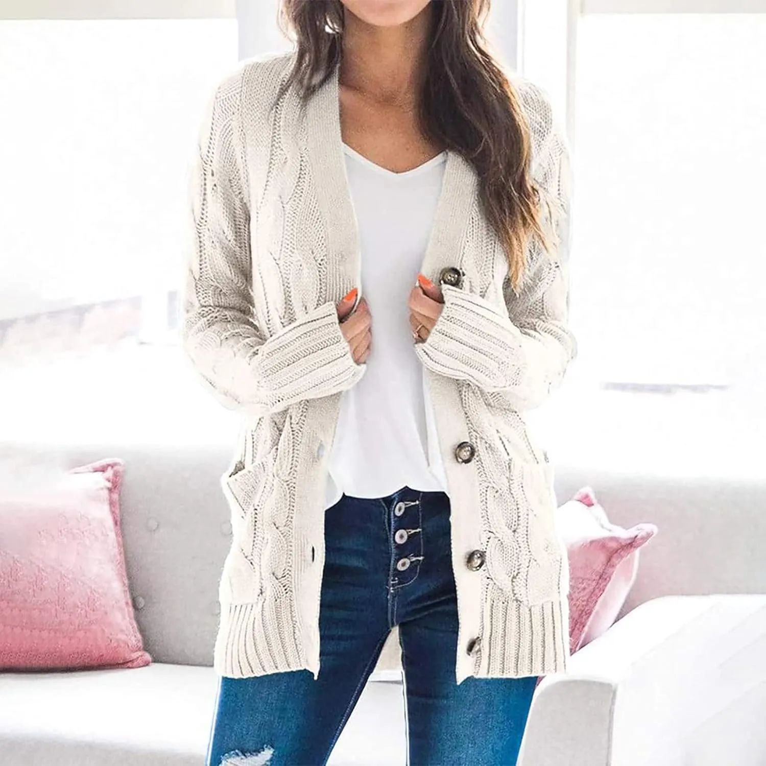 Cardigan for Women Sweaters Chunky Plus Size Long Sleeve Open Front Tops Cable Knit Coat with Pockets Button Outerwear
