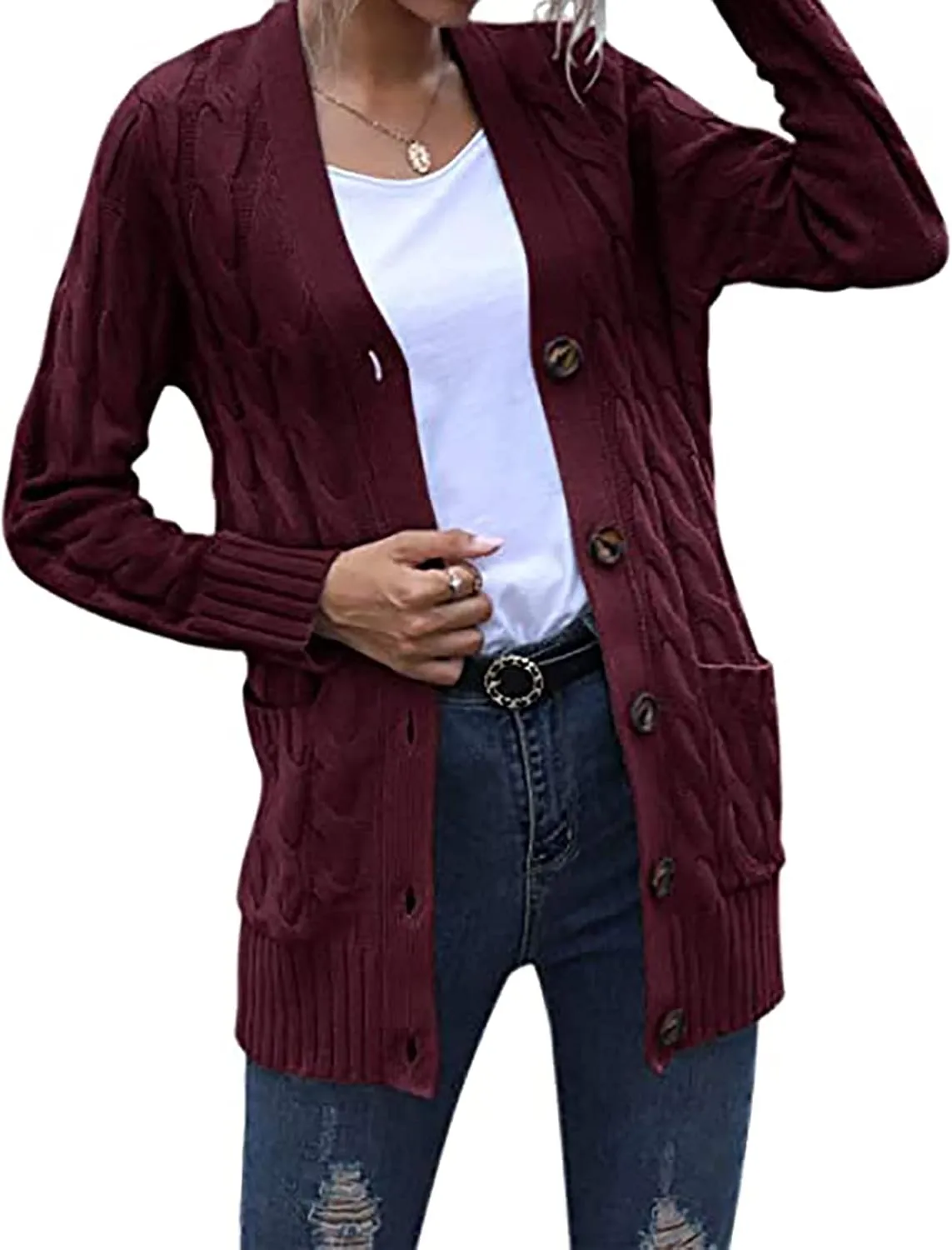 Cardigan for Women Sweaters Chunky Plus Size Long Sleeve Open Front Tops Cable Knit Coat with Pockets Button Outerwear
