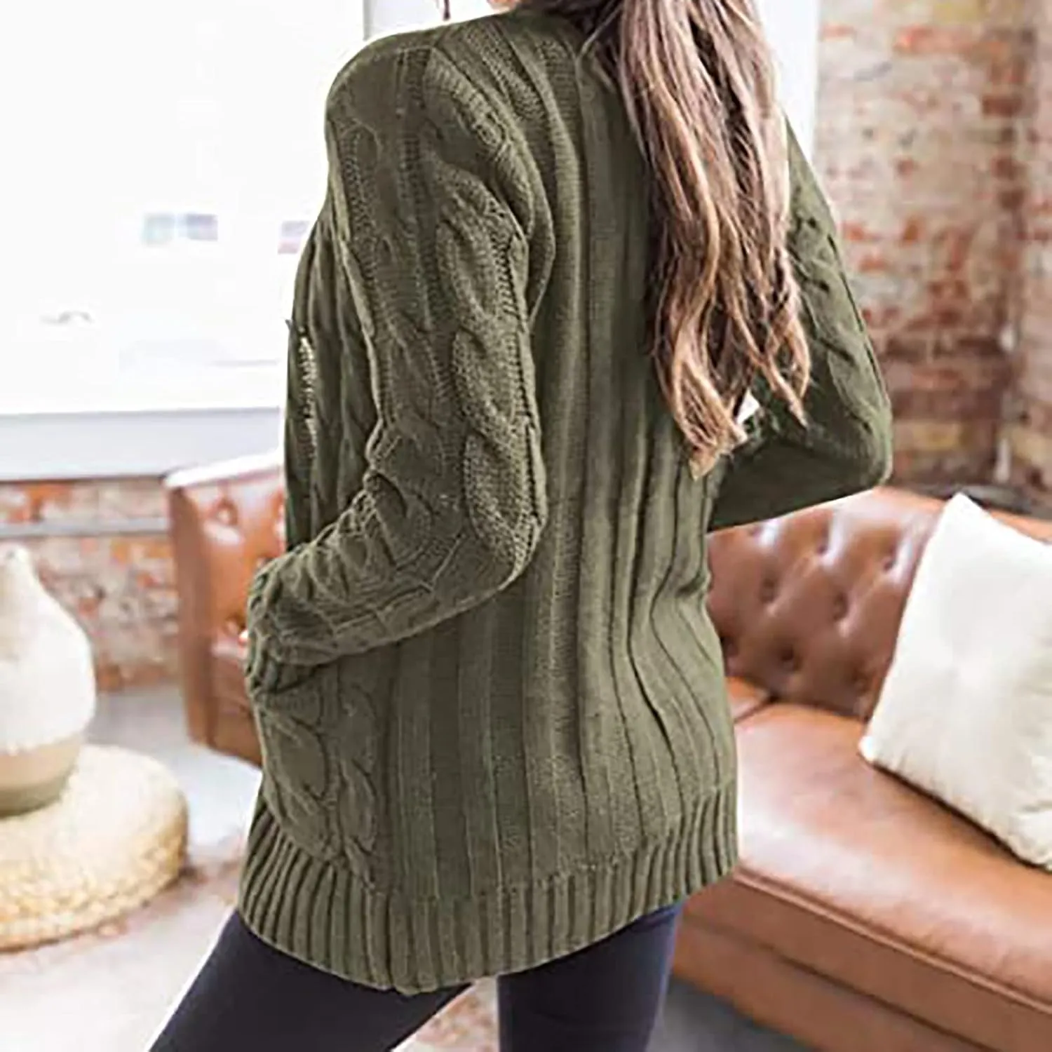 Cardigan for Women Sweaters Chunky Plus Size Long Sleeve Open Front Tops Cable Knit Coat with Pockets Button Outerwear