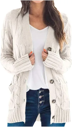 Cardigan for Women Sweaters Chunky Plus Size Long Sleeve Open Front Tops Cable Knit Coat with Pockets Button Outerwear