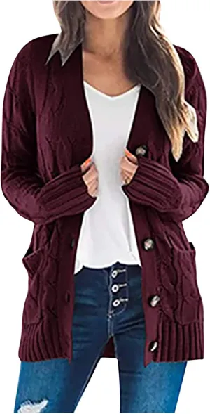 Cardigan for Women Sweaters Chunky Plus Size Long Sleeve Open Front Tops Cable Knit Coat with Pockets Button Outerwear