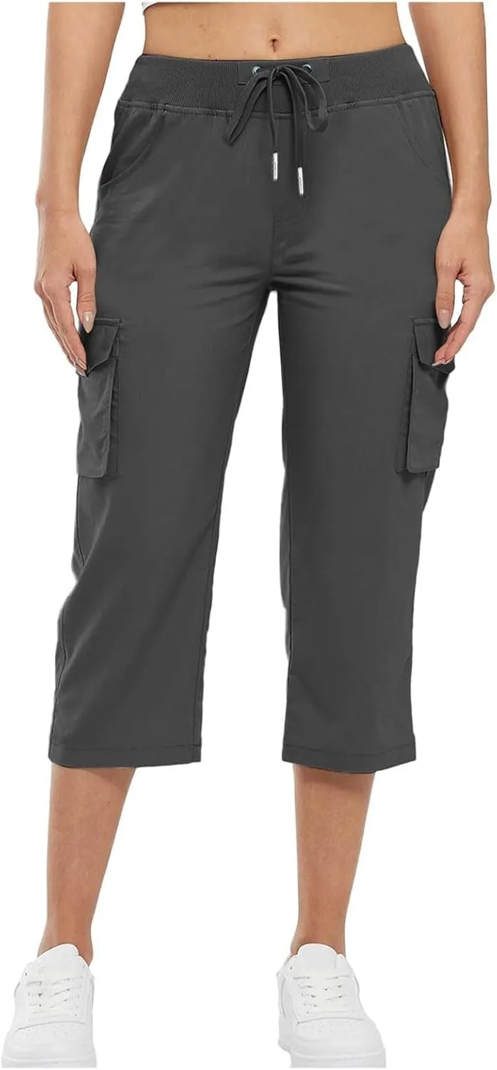 Cargo Capris for Women Loose Fit Cargo Pants Multi Pockets Lightweight Casual Capri Pants Drawstring Hiking Pants