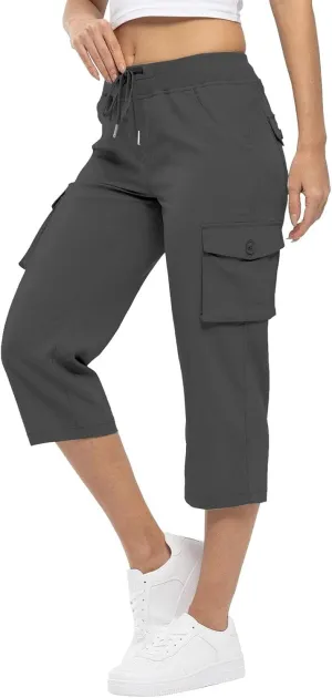 Cargo Capris for Women Loose Fit Cargo Pants Multi Pockets Lightweight Casual Capri Pants Drawstring Hiking Pants