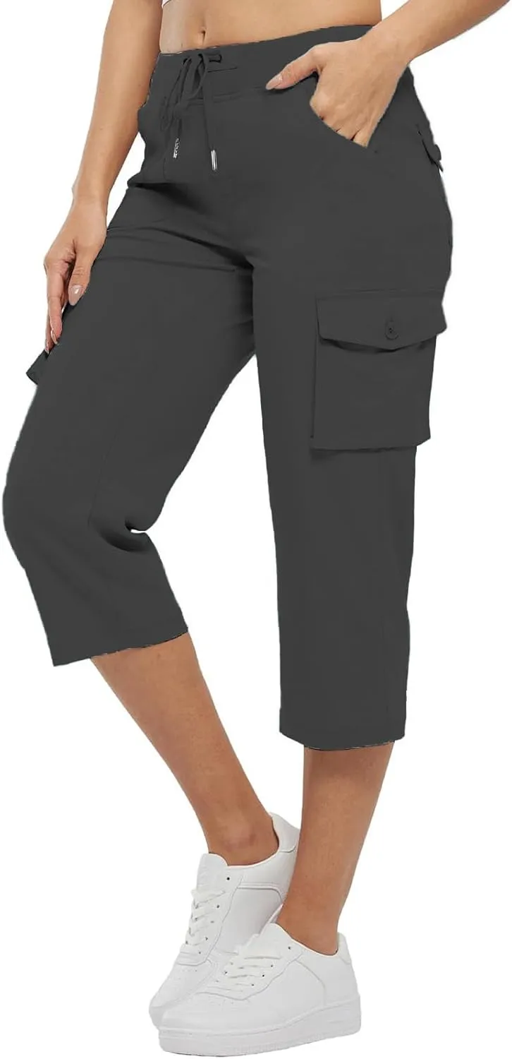 Cargo Capris for Women Loose Fit Cargo Pants Multi Pockets Lightweight Casual Capri Pants Drawstring Hiking Pants