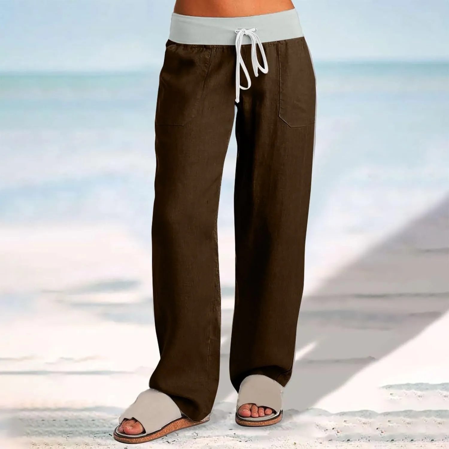 Cargo Pants Women with Flap Pockets High Waisted Side Tie Hem Straight Leg Drawstring Hiking Pants Travel Joggers