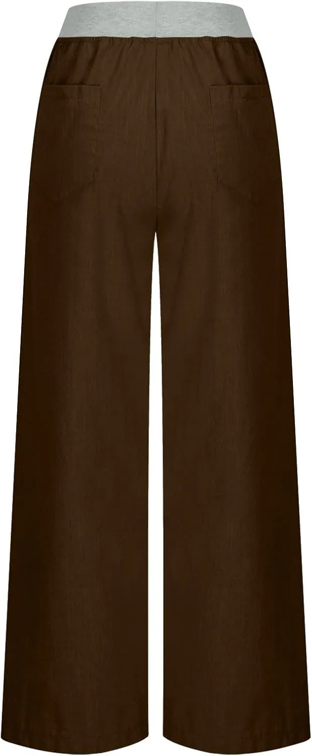 Cargo Pants Women with Flap Pockets High Waisted Side Tie Hem Straight Leg Drawstring Hiking Pants Travel Joggers