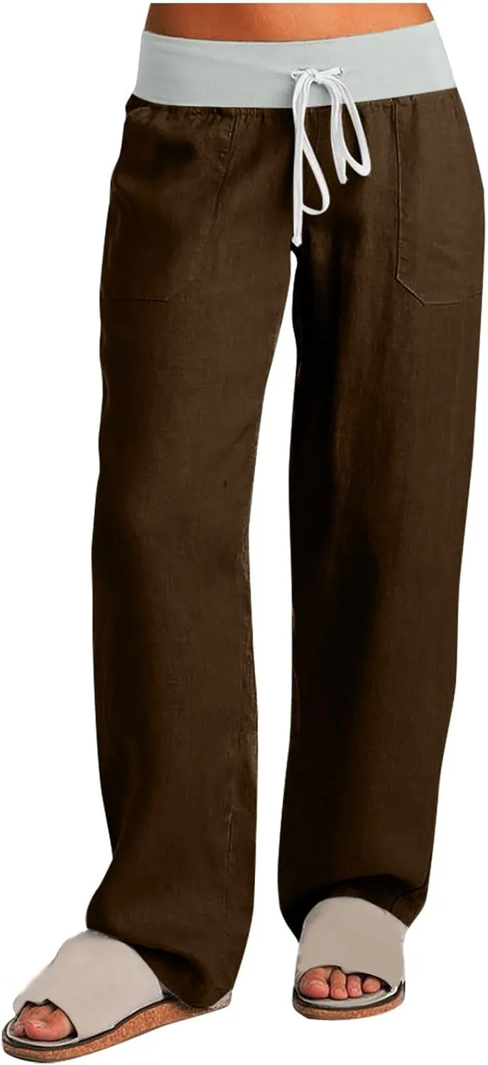Cargo Pants Women with Flap Pockets High Waisted Side Tie Hem Straight Leg Drawstring Hiking Pants Travel Joggers
