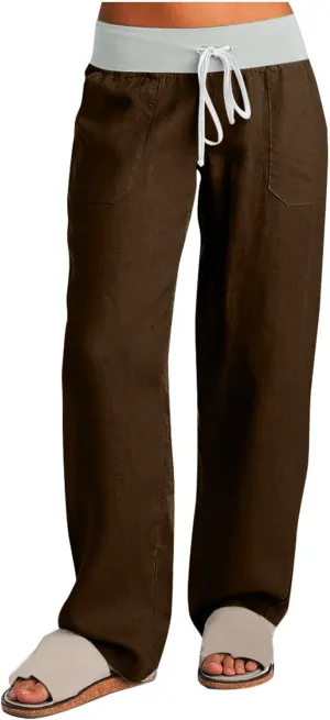 Cargo Pants Women with Flap Pockets High Waisted Side Tie Hem Straight Leg Drawstring Hiking Pants Travel Joggers