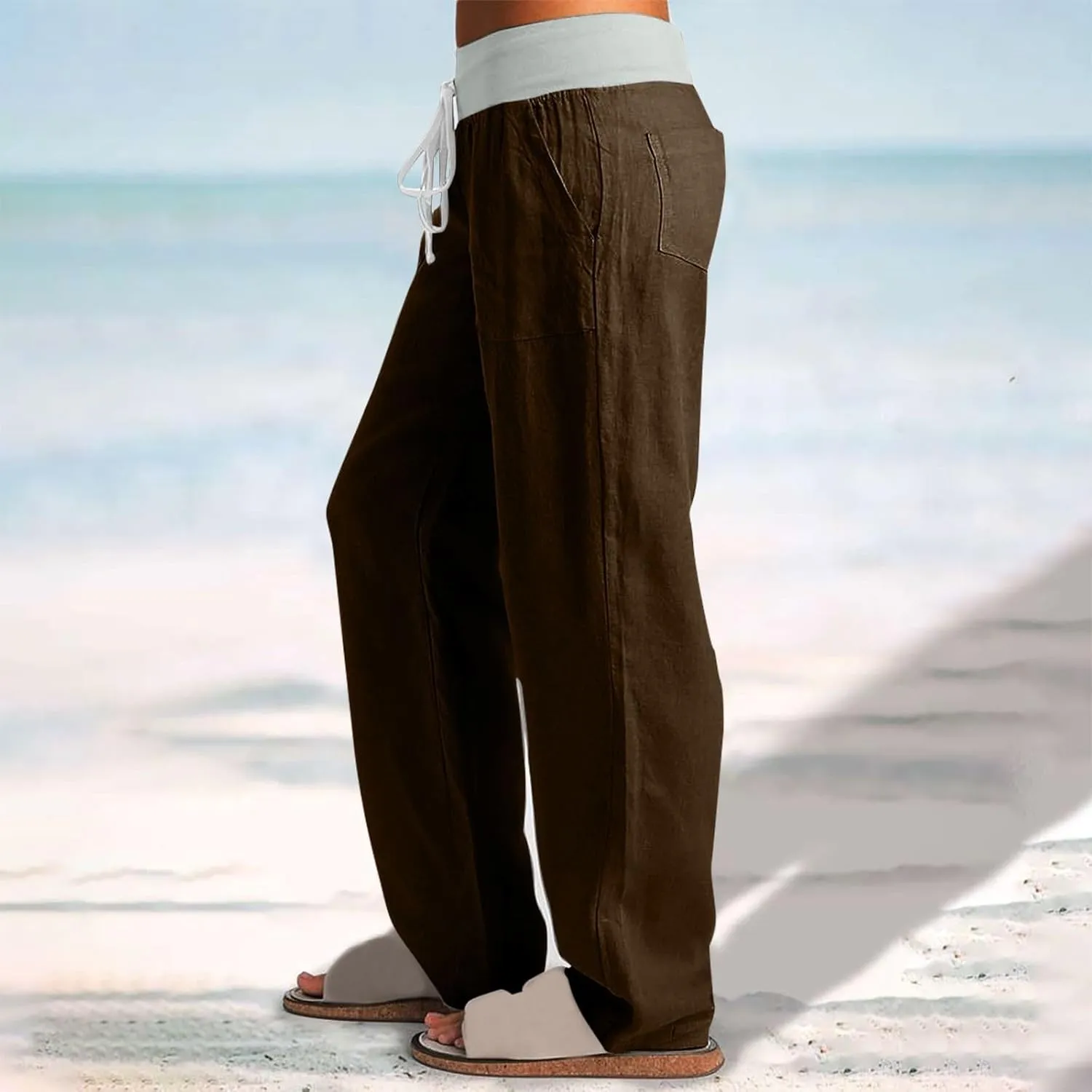 Cargo Pants Women with Flap Pockets High Waisted Side Tie Hem Straight Leg Drawstring Hiking Pants Travel Joggers