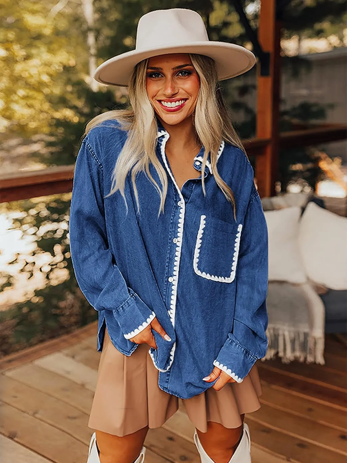 Casual Denim Shirt Women Button Down Blouses Oversized Long Sleeve Jean Shacket 2025