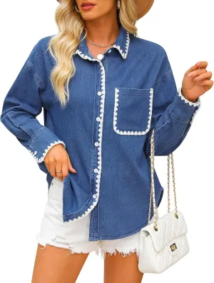 Casual Denim Shirt Women Button Down Blouses Oversized Long Sleeve Jean Shacket 2025