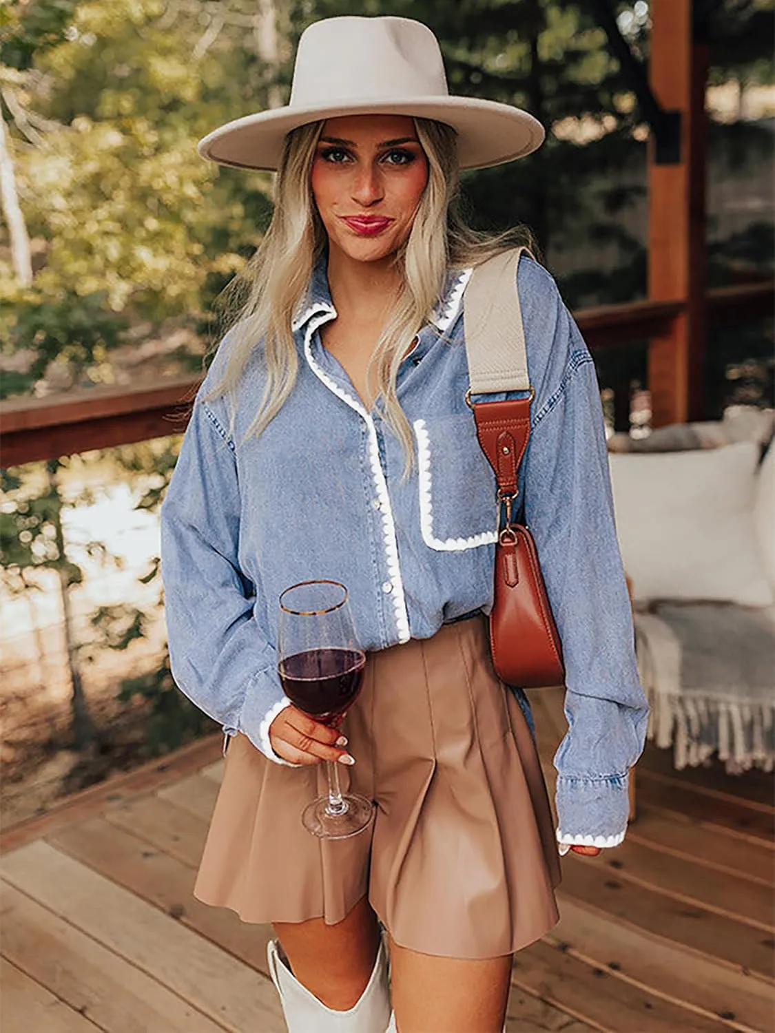 Casual Denim Shirt Women Button Down Blouses Oversized Long Sleeve Jean Shacket 2025
