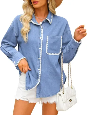 Casual Denim Shirt Women Button Down Blouses Oversized Long Sleeve Jean Shacket 2025