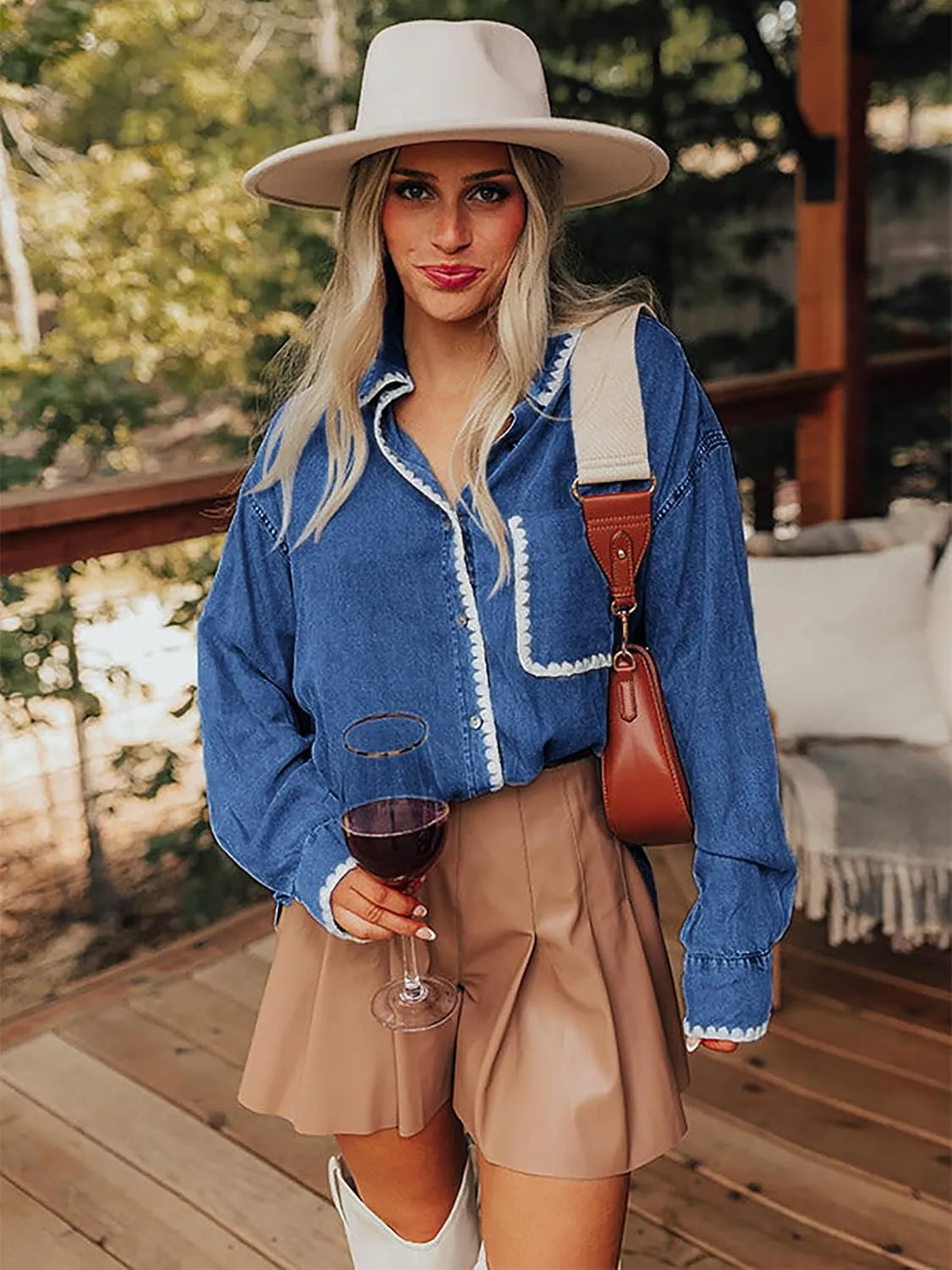 Casual Denim Shirt Women Button Down Blouses Oversized Long Sleeve Jean Shacket 2025