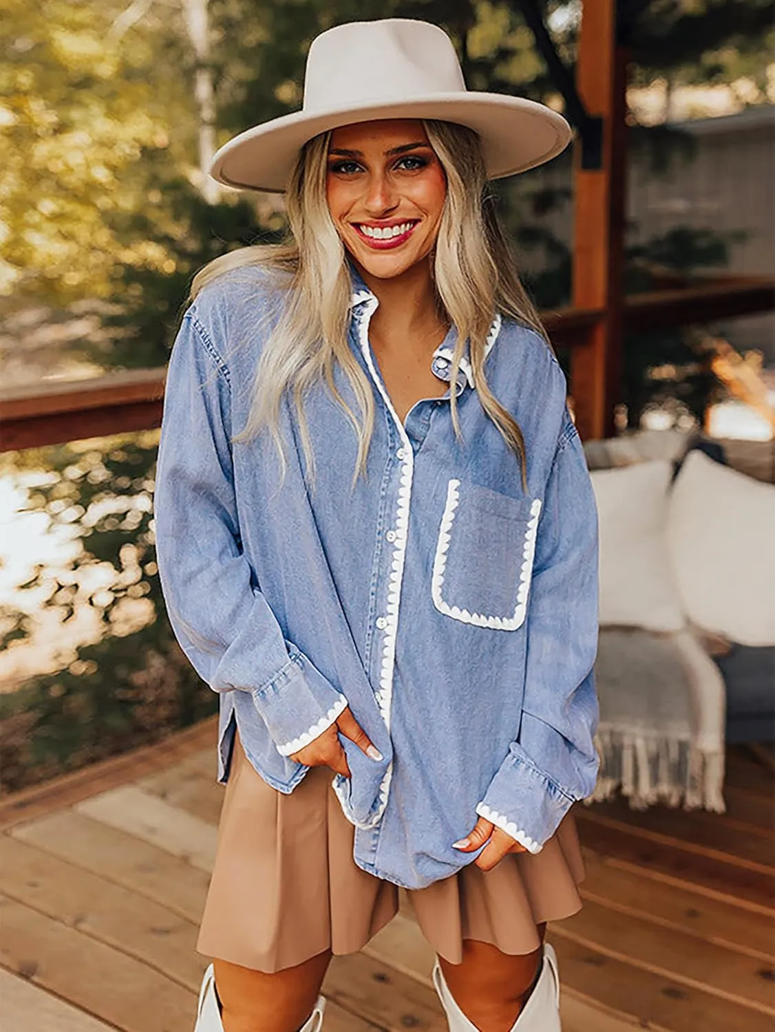 Casual Denim Shirt Women Button Down Blouses Oversized Long Sleeve Jean Shacket 2025