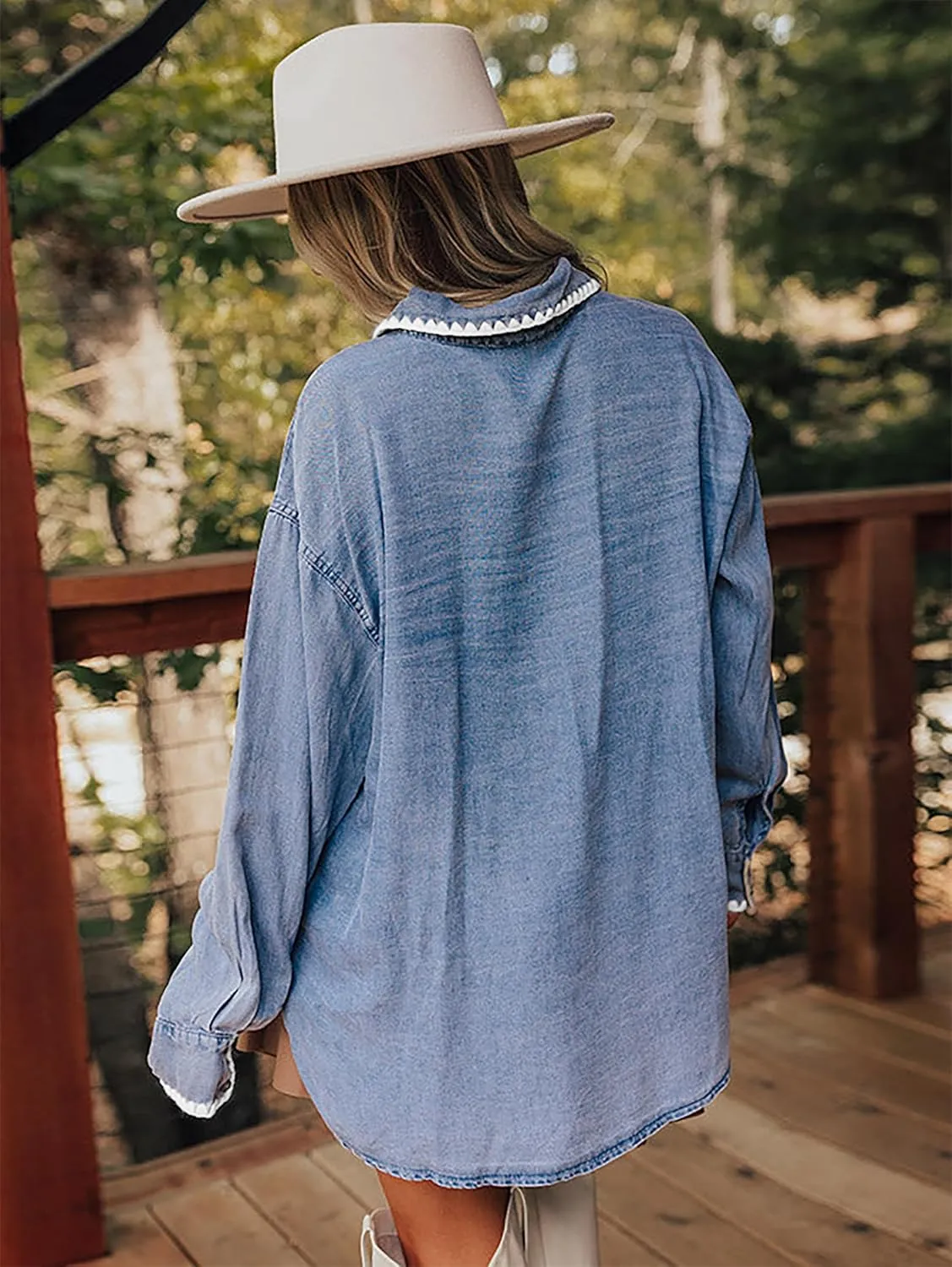 Casual Denim Shirt Women Button Down Blouses Oversized Long Sleeve Jean Shacket 2025
