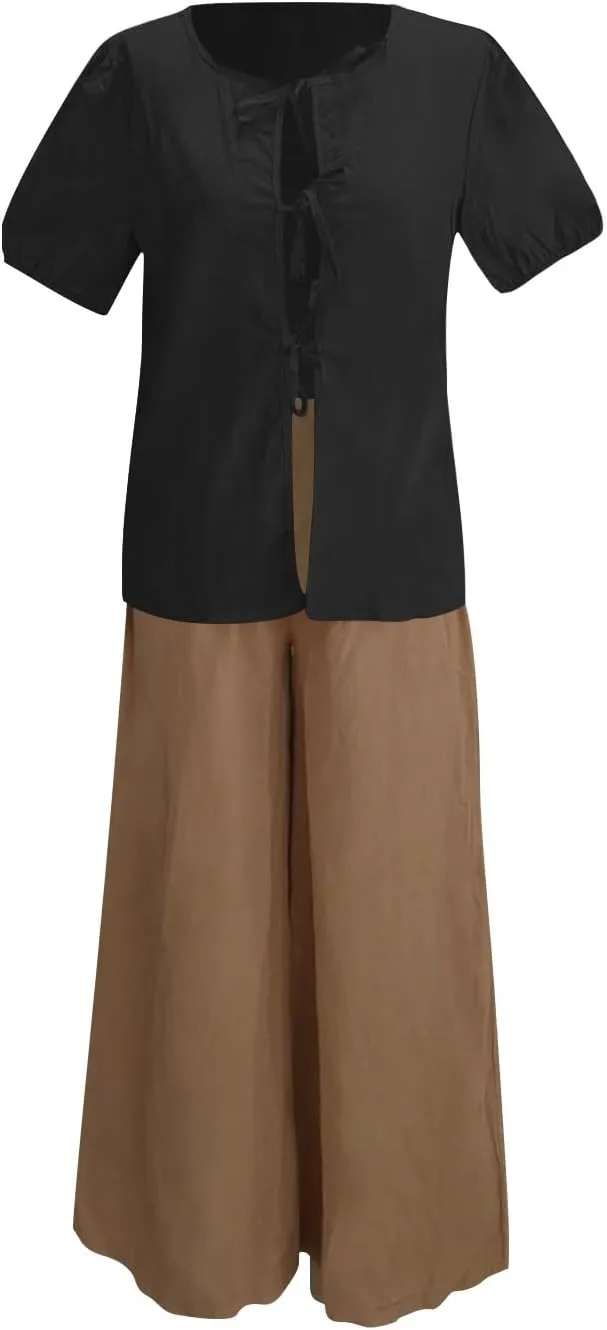 Casual Linen Sets for Women Plus Size Trendy Summer 2 Piece Outfits Half Sleeve Shirt and Wide Leg Pant Suit Jumpsuits