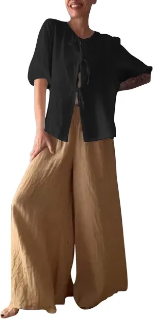 Casual Linen Sets for Women Plus Size Trendy Summer 2 Piece Outfits Half Sleeve Shirt and Wide Leg Pant Suit Jumpsuits