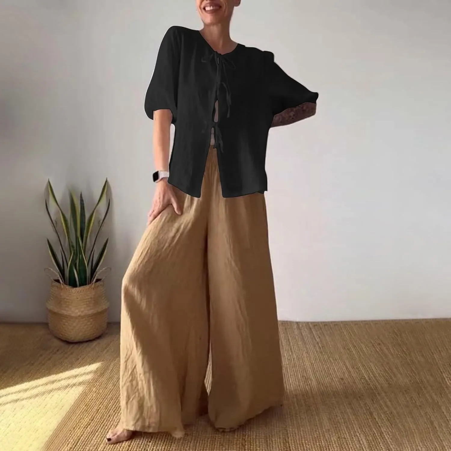 Casual Linen Sets for Women Plus Size Trendy Summer 2 Piece Outfits Half Sleeve Shirt and Wide Leg Pant Suit Jumpsuits