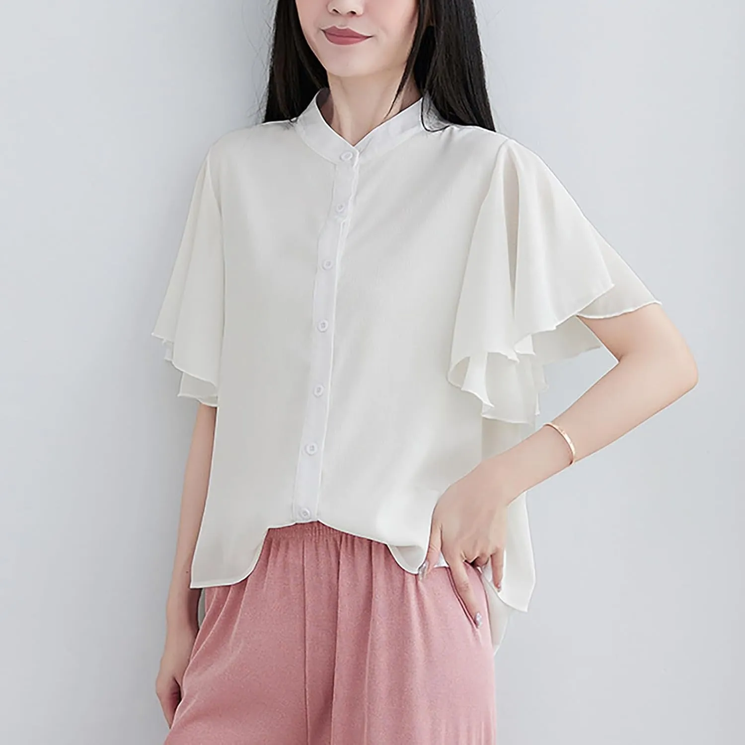 Chiffon T Shirts for Women 2025 Casual Loose Crew Neck Button Down Shirt Lightweight Cozy Ruffle Short Sleeve Tops