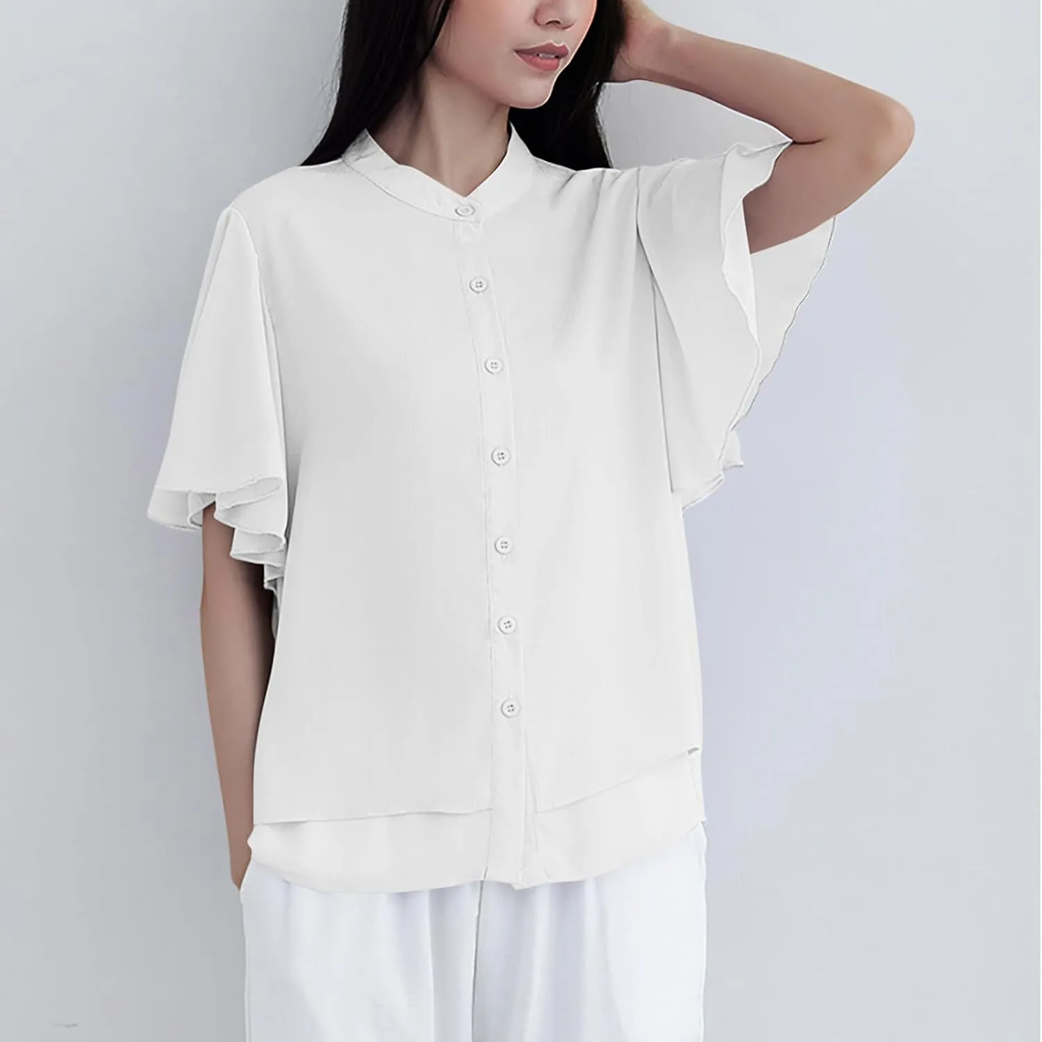 Chiffon T Shirts for Women 2025 Casual Loose Crew Neck Button Down Shirt Lightweight Cozy Ruffle Short Sleeve Tops