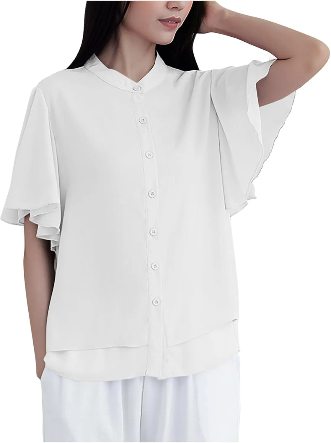 Chiffon T Shirts for Women 2025 Casual Loose Crew Neck Button Down Shirt Lightweight Cozy Ruffle Short Sleeve Tops