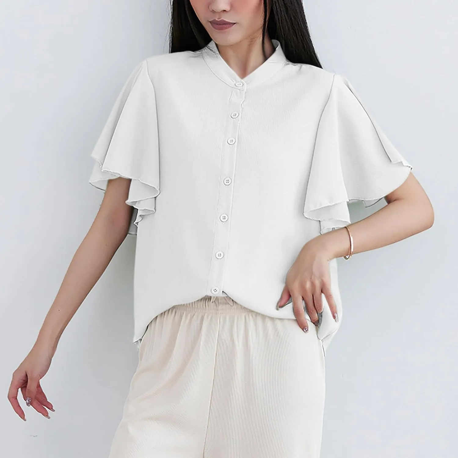 Chiffon T Shirts for Women 2025 Casual Loose Crew Neck Button Down Shirt Lightweight Cozy Ruffle Short Sleeve Tops