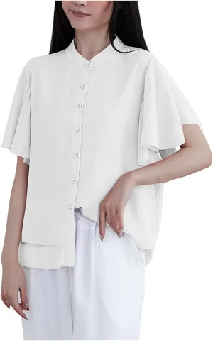 Chiffon T Shirts for Women 2025 Casual Loose Crew Neck Button Down Shirt Lightweight Cozy Ruffle Short Sleeve Tops