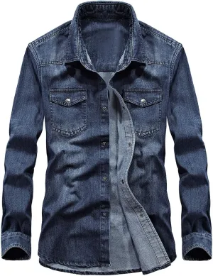 chouyatou Men's Essential Button Down Long Sleeve Washed Denim Shirt