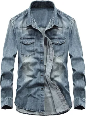 chouyatou Men's Essential Button Down Long Sleeve Washed Denim Shirt