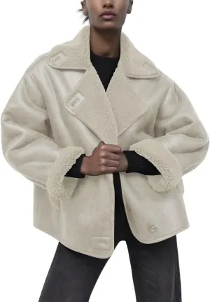 chouyatou Women's Winter Sherpa Lined Faux Leather Jacket Casual Motorcycle Oversized Leather Jacket