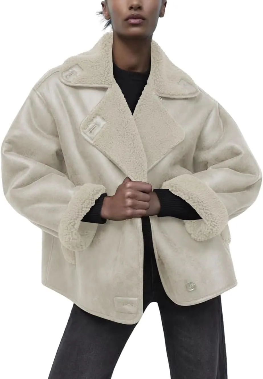 chouyatou Women's Winter Sherpa Lined Faux Leather Jacket Casual Motorcycle Oversized Leather Jacket