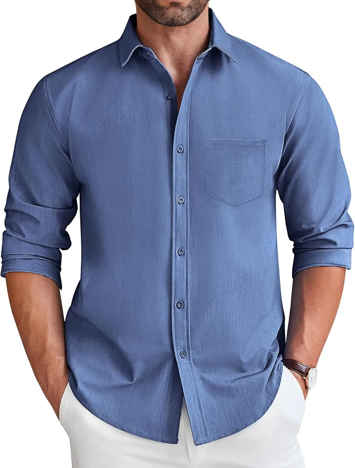 COOFANDY Men's Long Sleeve Button Down Shirt Wrinkle Free Untucked Dress Shirt Casual Denim Shirt