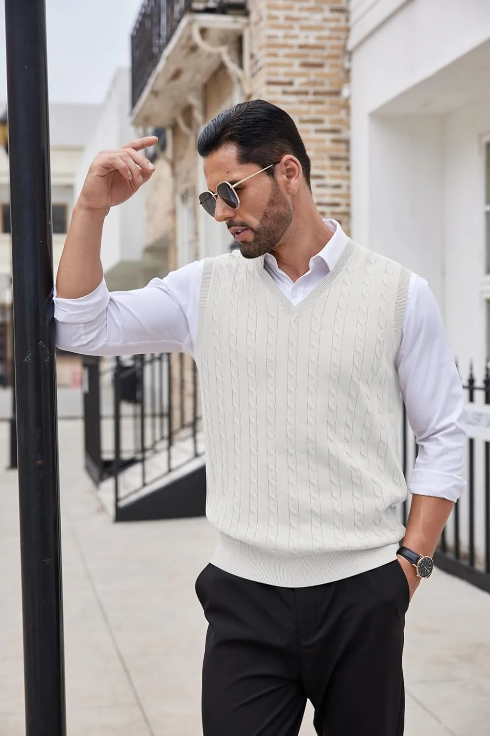 COOFANDY Men's Sweater Vest V Neck Slim Fit Cable Knitted Sleeveless Pullover Sweater