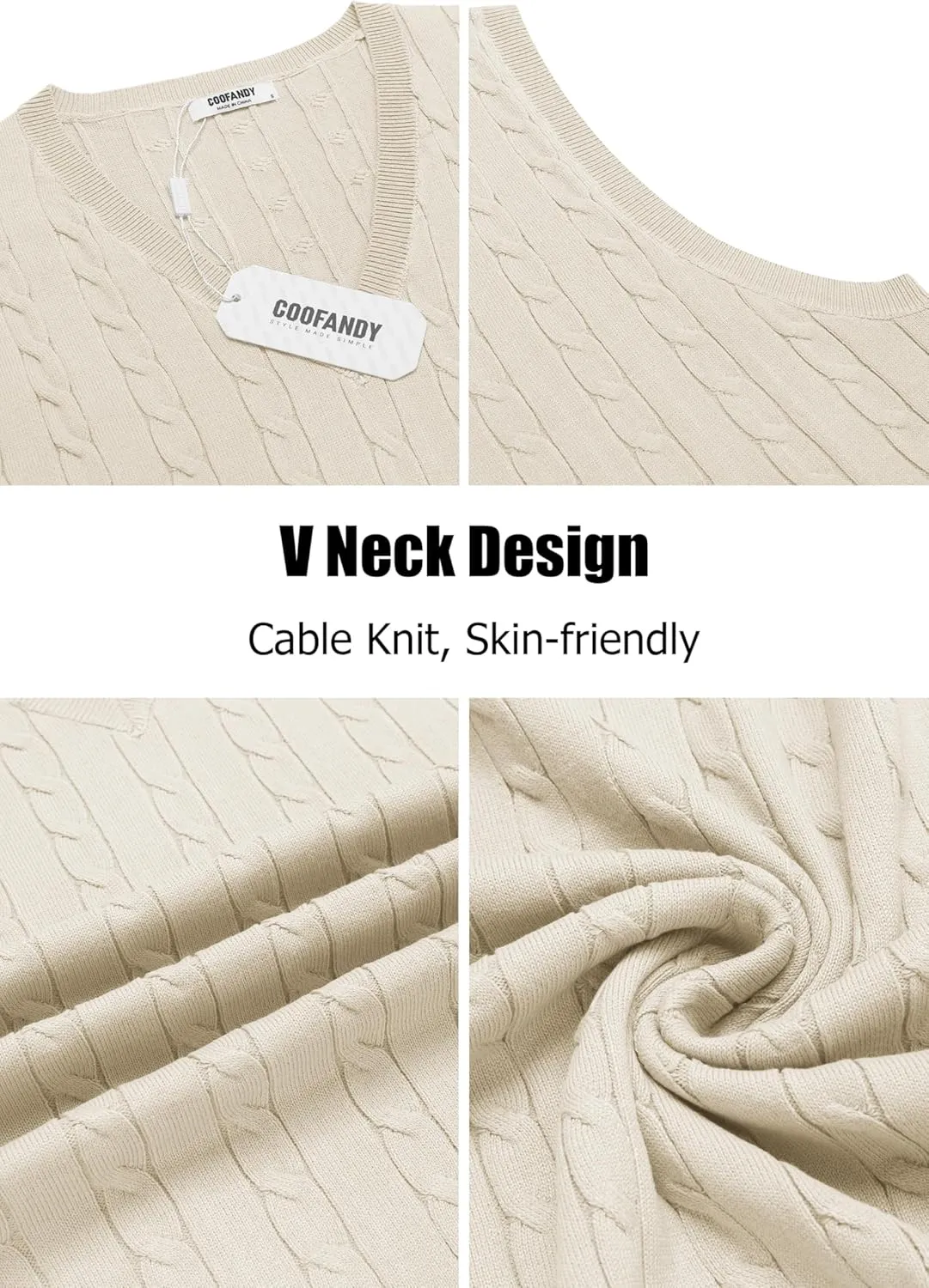 COOFANDY Men's Sweater Vest V Neck Slim Fit Cable Knitted Sleeveless Pullover Sweater