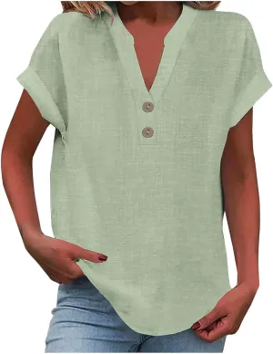 Cotton Linen T-shirt for Women V Neck Short Sleeve Button Up Tops Solid Color Loose Blouses Casual Business Shirt