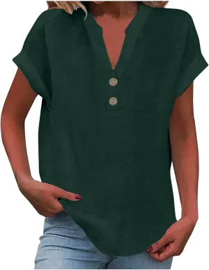 Cotton Linen T-shirt for Women V Neck Short Sleeve Button Up Tops Solid Color Loose Blouses Casual Business Shirt
