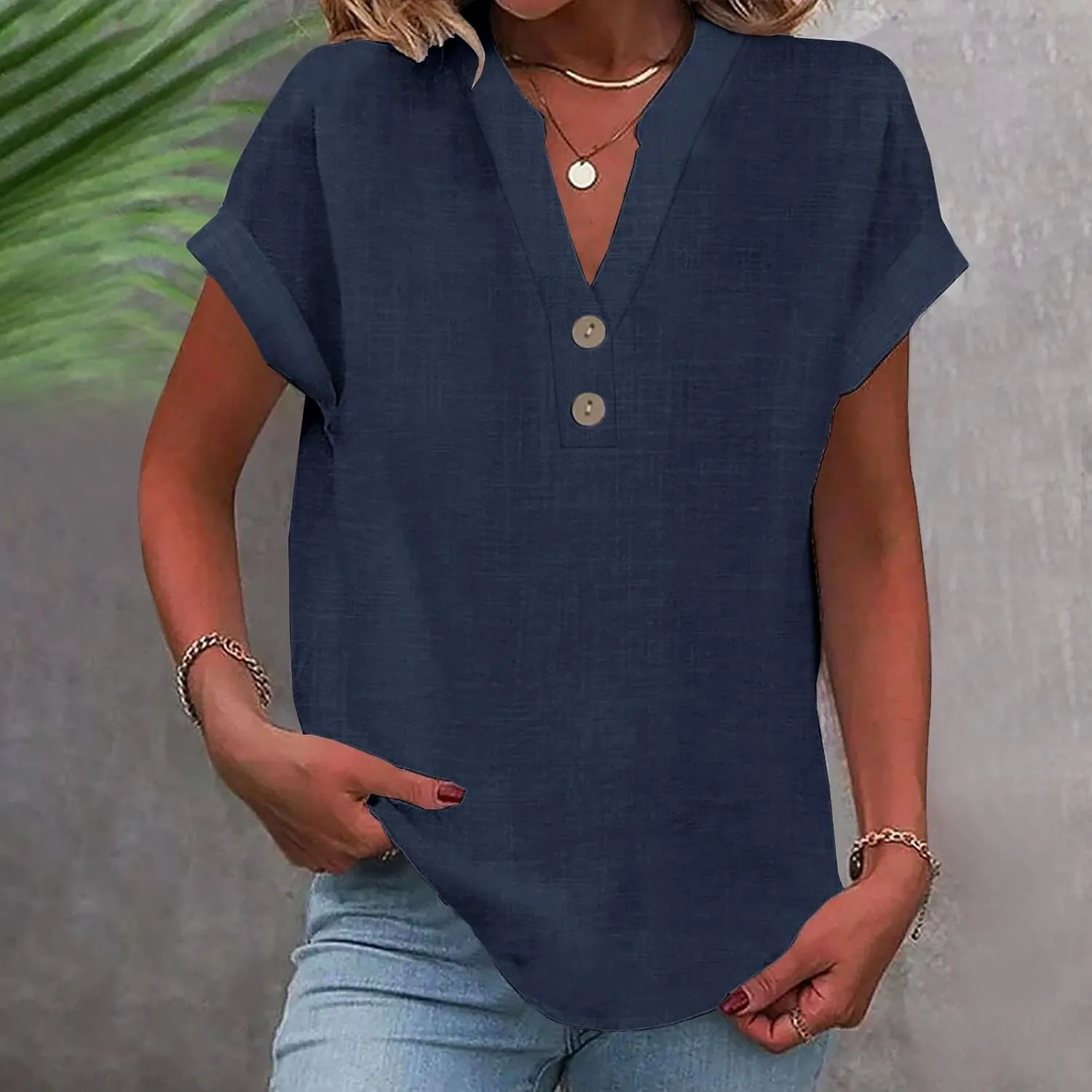 Cotton Linen T-shirt for Women V Neck Short Sleeve Button Up Tops Solid Color Loose Blouses Casual Business Shirt