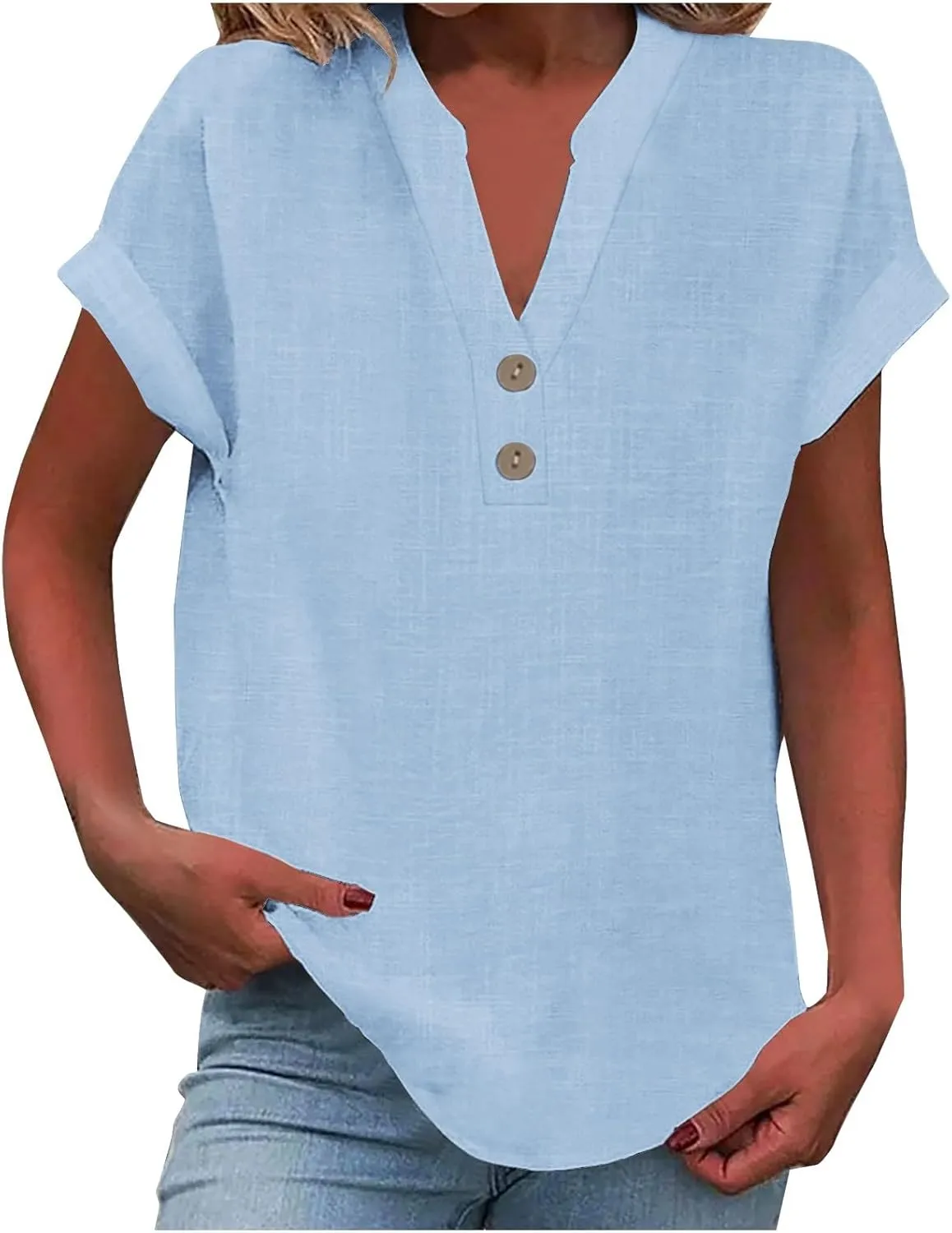 Cotton Linen T-shirt for Women V Neck Short Sleeve Button Up Tops Solid Color Loose Blouses Casual Business Shirt